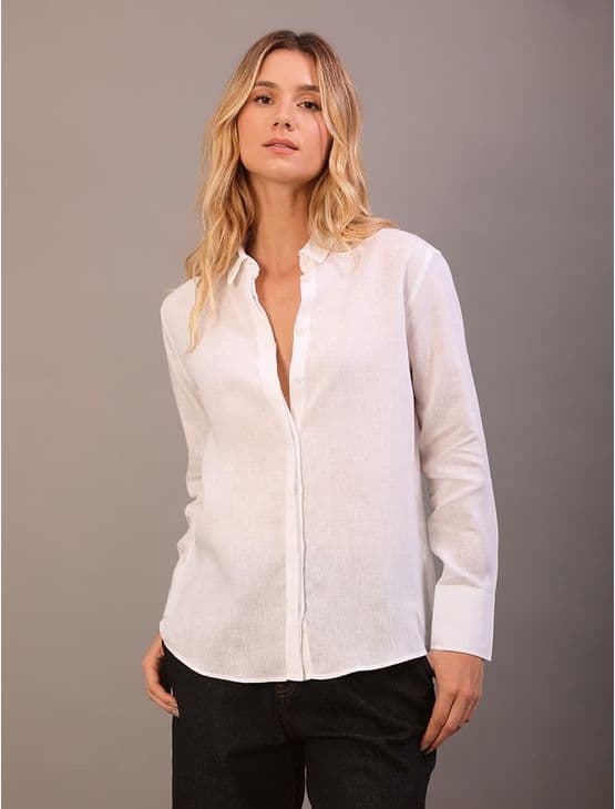 Camisa Social Feminina Manga Longa Básica de Linho Calvin Klein - Branco Camisa Social Feminina Manga Longa Básica de Linho Calvin Klein Branco 42