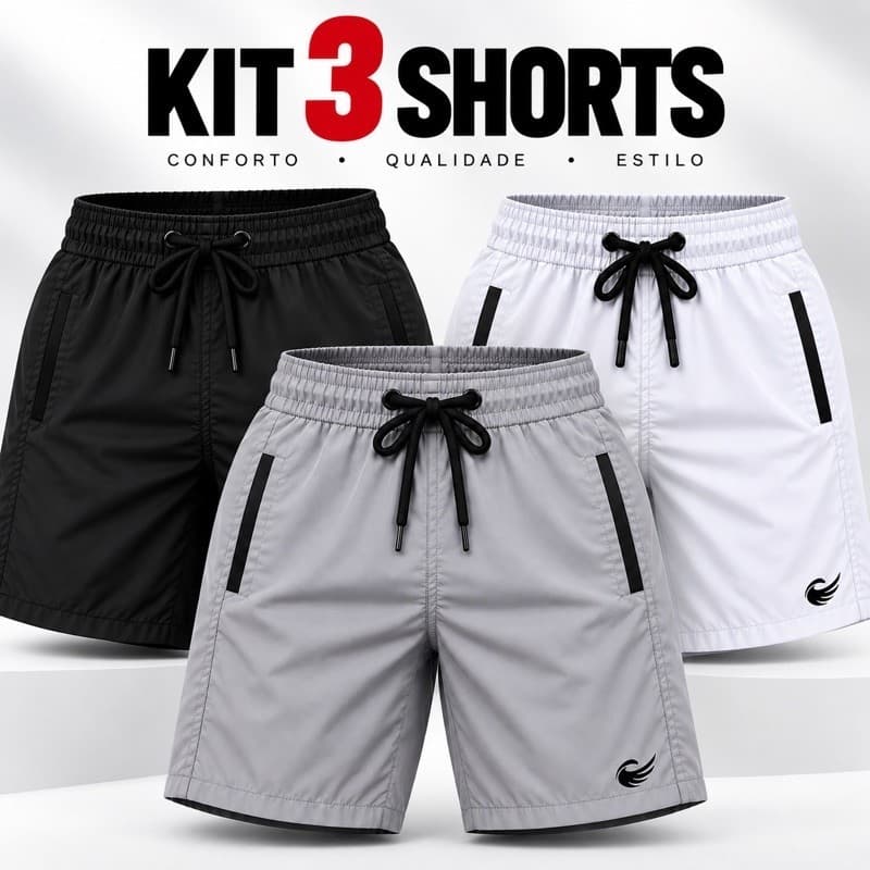 kit 3 Bermudas Masculina short tactel elastano masculino com logo refletivo