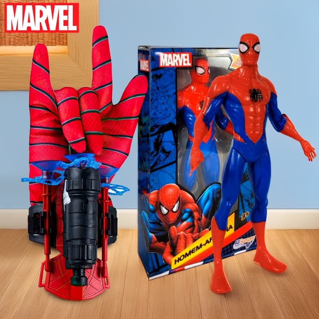Kit Boneco Homem Aranha + Luva Lançador de Teia Dardos Brinquedo Infantil Presente Dia das Crianças