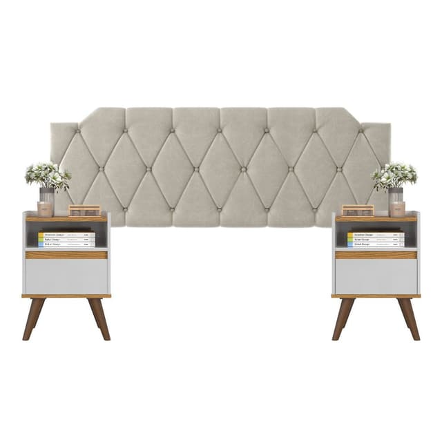 Conjunto Mesa De Cab Com Gaveta + Cabeceira Estofada Box Para Cama Queen KELLY E KIT TED BRA/FREIJÓ