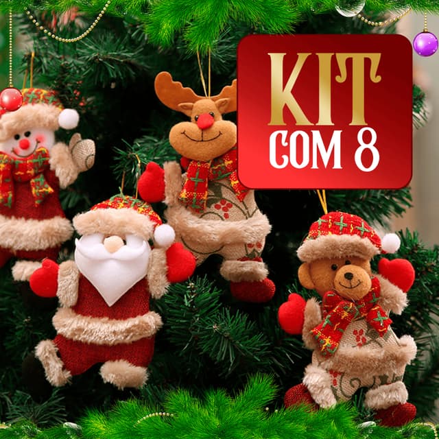 Kit 8 Enfeites de Natal Pendentes Papai Noel Rena Boneco de Neve Urso