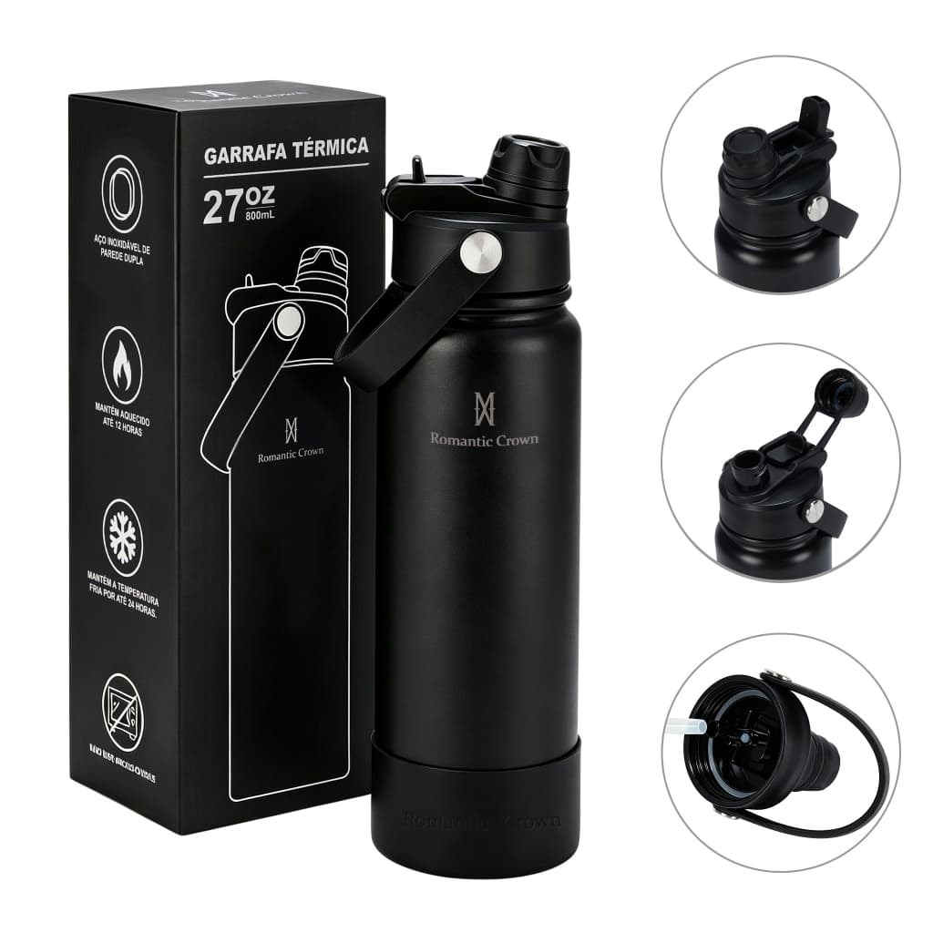 ROMANTIC CROWN Garrafa Térmica 800ml Aço Inox 304 Grande Capacidade com 2 Formas de Beber para Viagem e Esporte