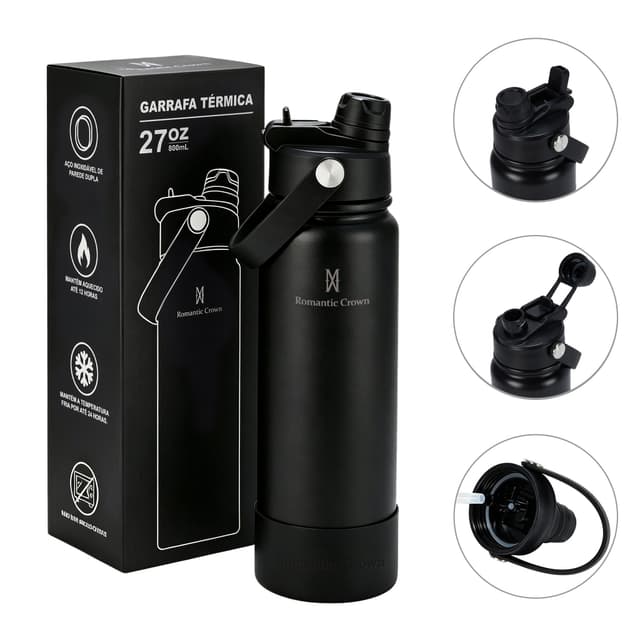 ROMANTIC CROWN Garrafa Térmica 800ml Aço Inox 304 Grande Capacidade com 2 Formas de Beber para Viagem e Esporte