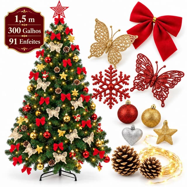 kit Árvore de Natal 1,5m Cheia Decorada 300 Galhos Verde Pé de Ferro 150cm Premium Pisca Led Laço Quente