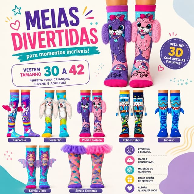 Meia Infantil Divertida 30 ao 42 3D Cano Alto Menina Menino Colorida Confortável Personagens Criativos
