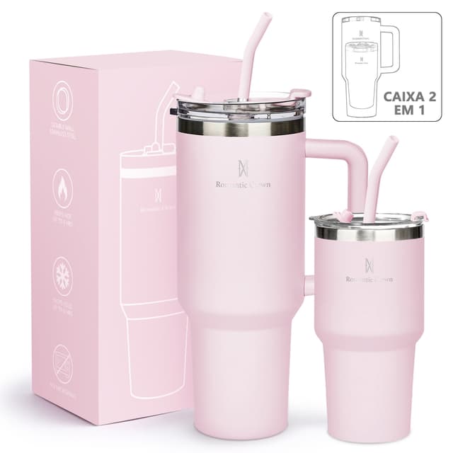 ROMANTIC CROWN Kit 2 Copo Térmico Inox 1200ml/600ml Garrafa Térmica Inoxidável com Tampa e Canudo