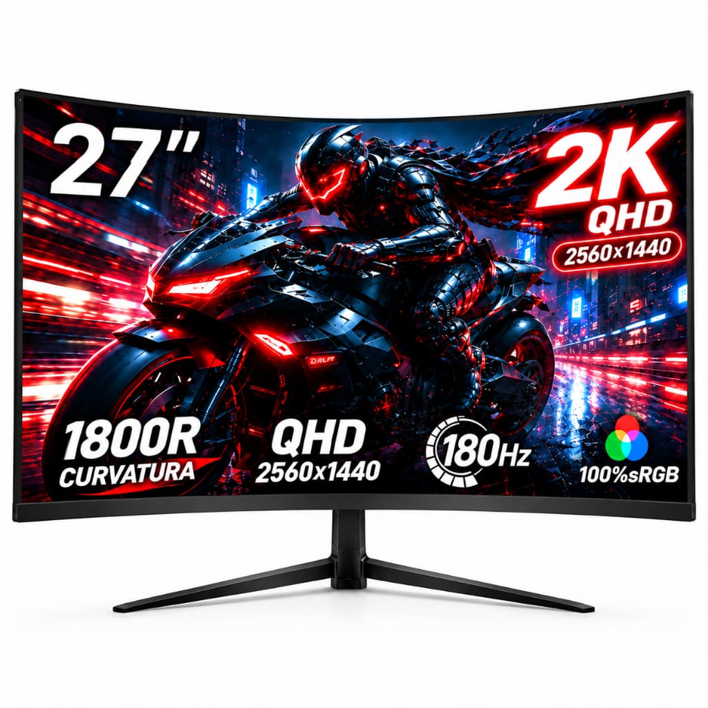 Monitor Curvo Gamer 24/27" IPS QHD 2k180Hz 1ms FreeSync, Tela Ultrafina, Conexões HDMI/DP e Fixação VESA para PC
