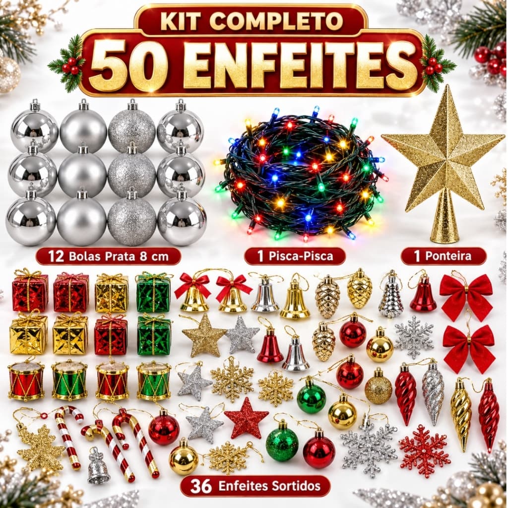 Kit 50 Enfeites Árvore De Natal Bolinhas Pendentes Pisca Pisca Laços Decoração Natalina Papai Noel