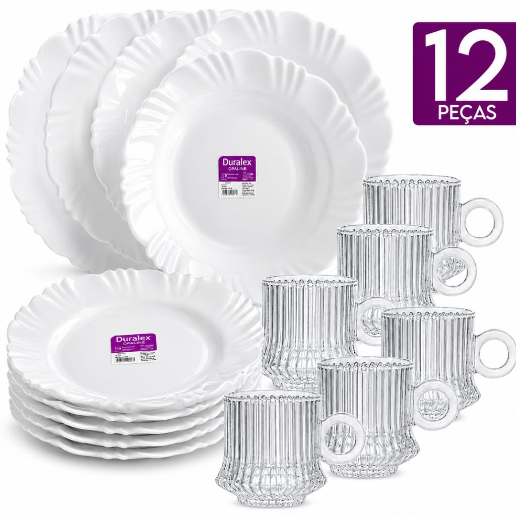 Kit 12 Peças Duralex Opaline 6 Pratos Petala Fundo Vidro Branco e 6 Xícaras Robust Canelada Buffet