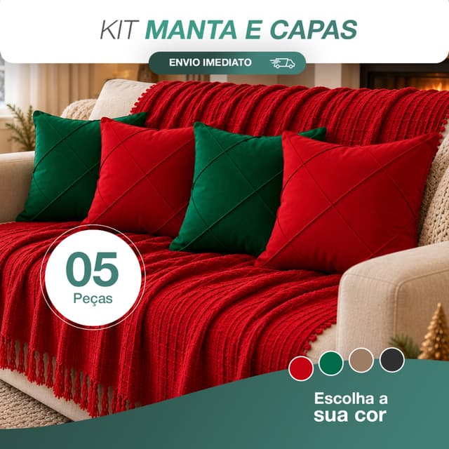 Kit Manta Decorativa P + 04 Capas de Almofada Suede Drapeada Decoração Natalina