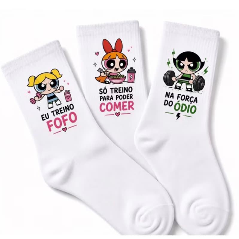 Kit 3 Pares de Meia Feminina Estampa Menina Poderosa Treino Academia