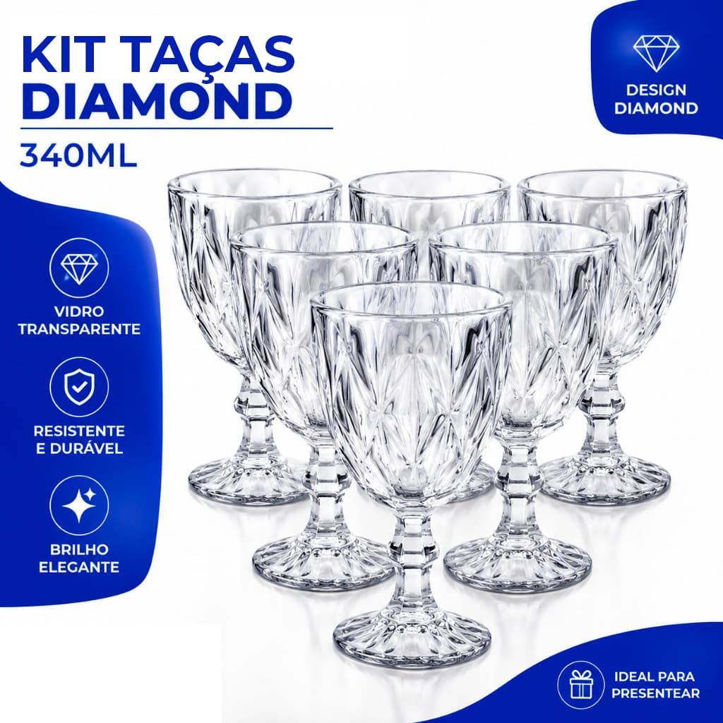 Jogo Taças Vidro 340Ml Diamond Bico Jaca Abacaxi Conjunto Taça Para Água Vinho Tinto Suco Diamante