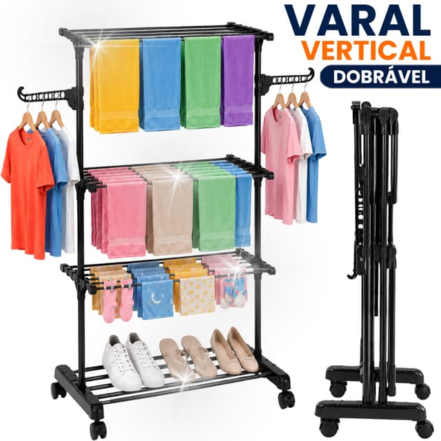 Varal Vertical Dobrável Com Rodinhas Articulado 3 Níveis Andares Organizador Roupas Toalhas Pouco Espaço Apartamento