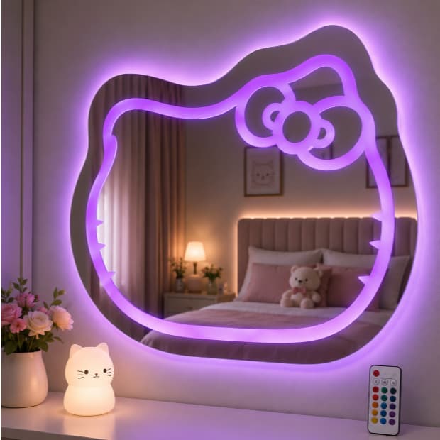 Espelho Gatinho com LED Decorativo Infantil 70x65 para Quarto Menina com Controle Remoto Premium