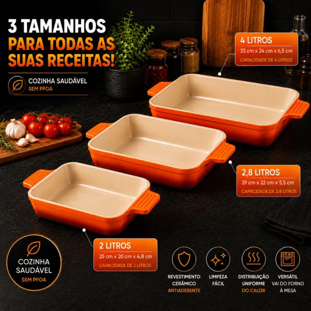 Forma Retangular Cerâmica Antiaderente p/ Forno 2L 2,8L ou 4L Assadeira c/ Alça Oferta Envio Rápido!