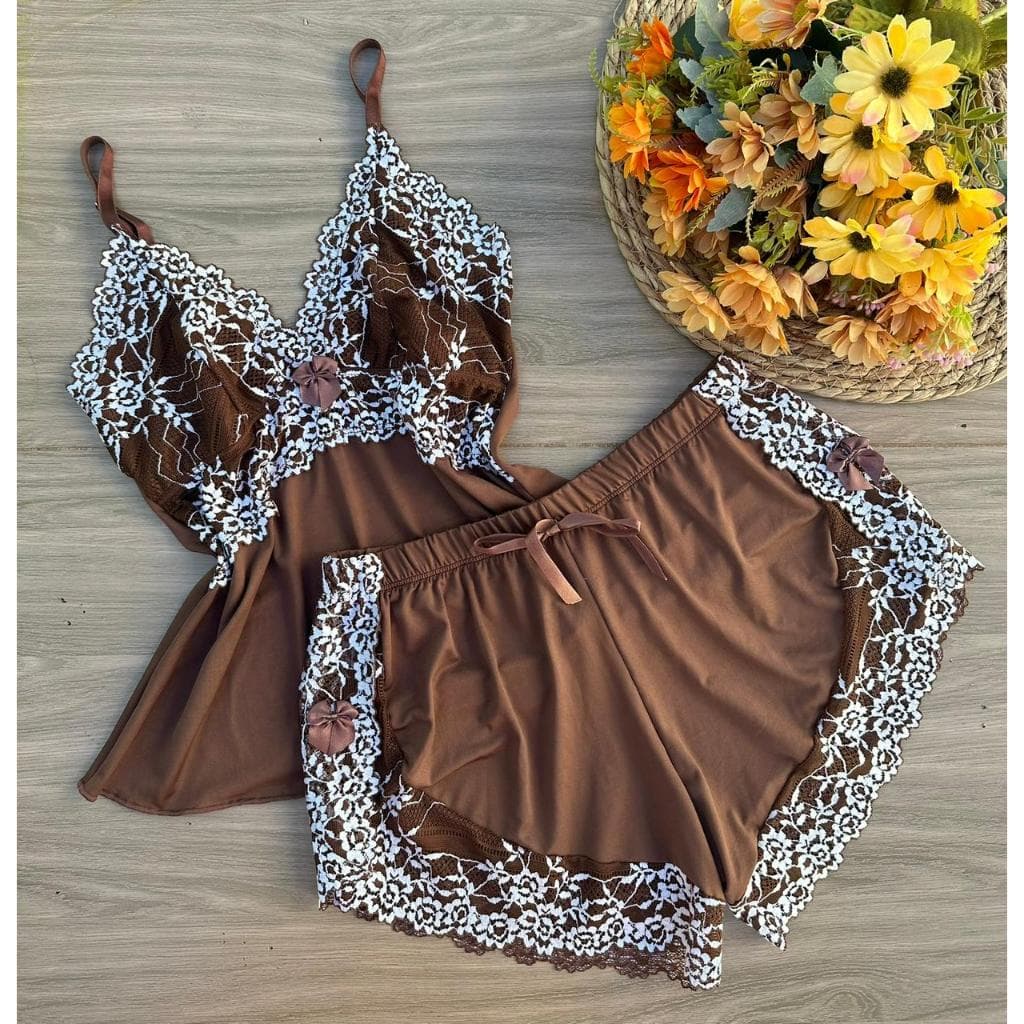 baby doll feminino, short doll rendado em renda bicolor, roupa de dormir