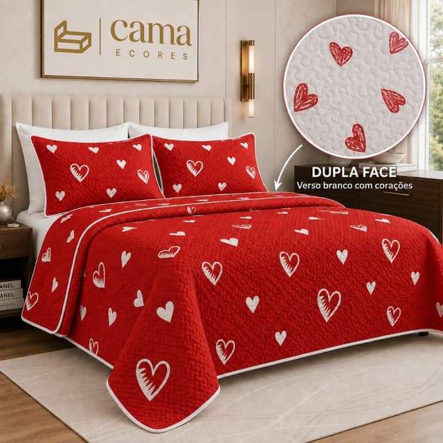 Kit Colcha Cobre Leito Casal Queen Dupla Face 3 Peças Matelado Estampado