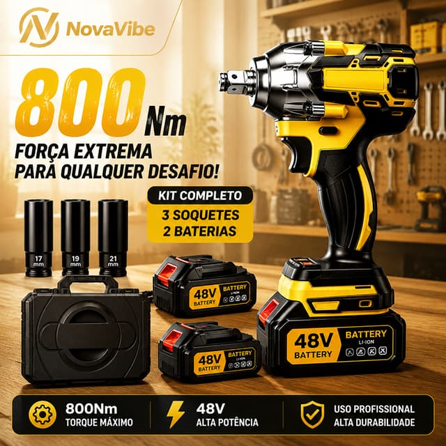 Parafusadeira Chave de Impacto 48V 800Nm Elétrica Sem Fio Alta Potência, Kit Completo com Soquetes e Maleta para Oficina