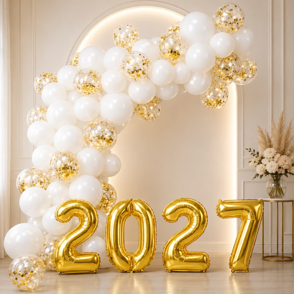 Kit Balão Bexiga Ano Novo 2027 + Numero Metalizado + Branco + Cristal Decoração