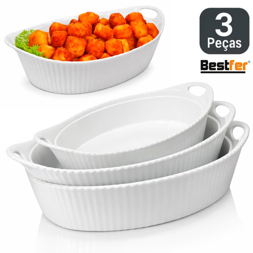 Conjunto Jogo de  Travessas 3 peças Oval em Melanina Bestfer PMG Branca opaline