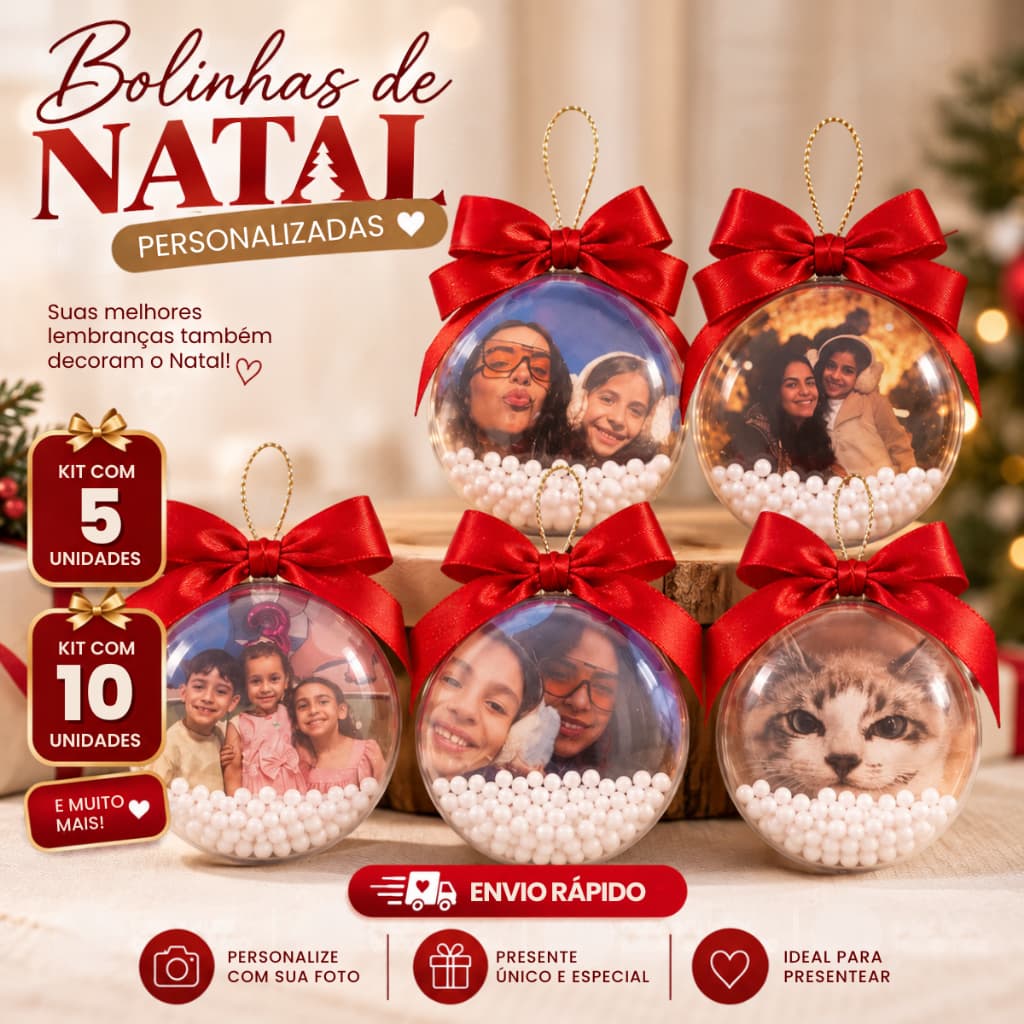 Bolinha de Natal Personalizada com Foto em Acrílico 6,5cm com Neve | Enfeite de Natal para Árvore | Kit 3 5 8 ou 10