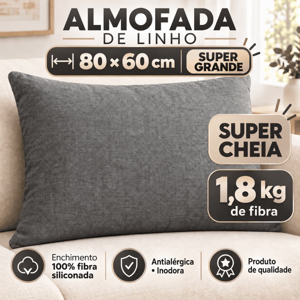 Almofada Para Sofá 80x60 Tecido Linho Fibra Siliconada Super Cheia Produto Premium