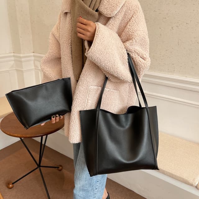 Kit 2 Peças Bolsa Tote Feminina Minimalista + Necessaire – Grande Espaçosa PU Para Trabalho/Faculdade