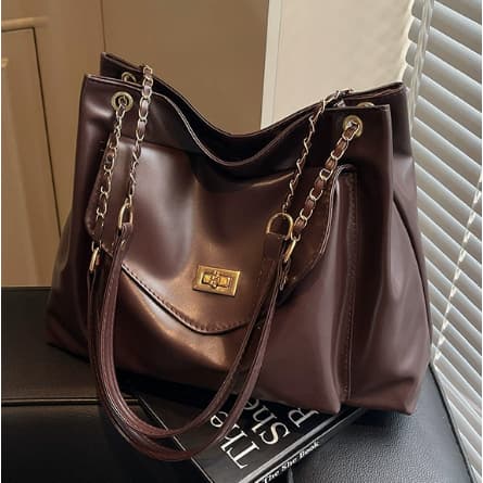 Bolsa Tote Feminina de Couro Sintético com Corrente Bolsa de Ombro Grande Capacidade Casual para Uso Diário
