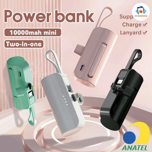 Carregador Portátil Mini 10000mAh com Recarga Sem Fio 2-em-1 para iPhone e Tipo-C