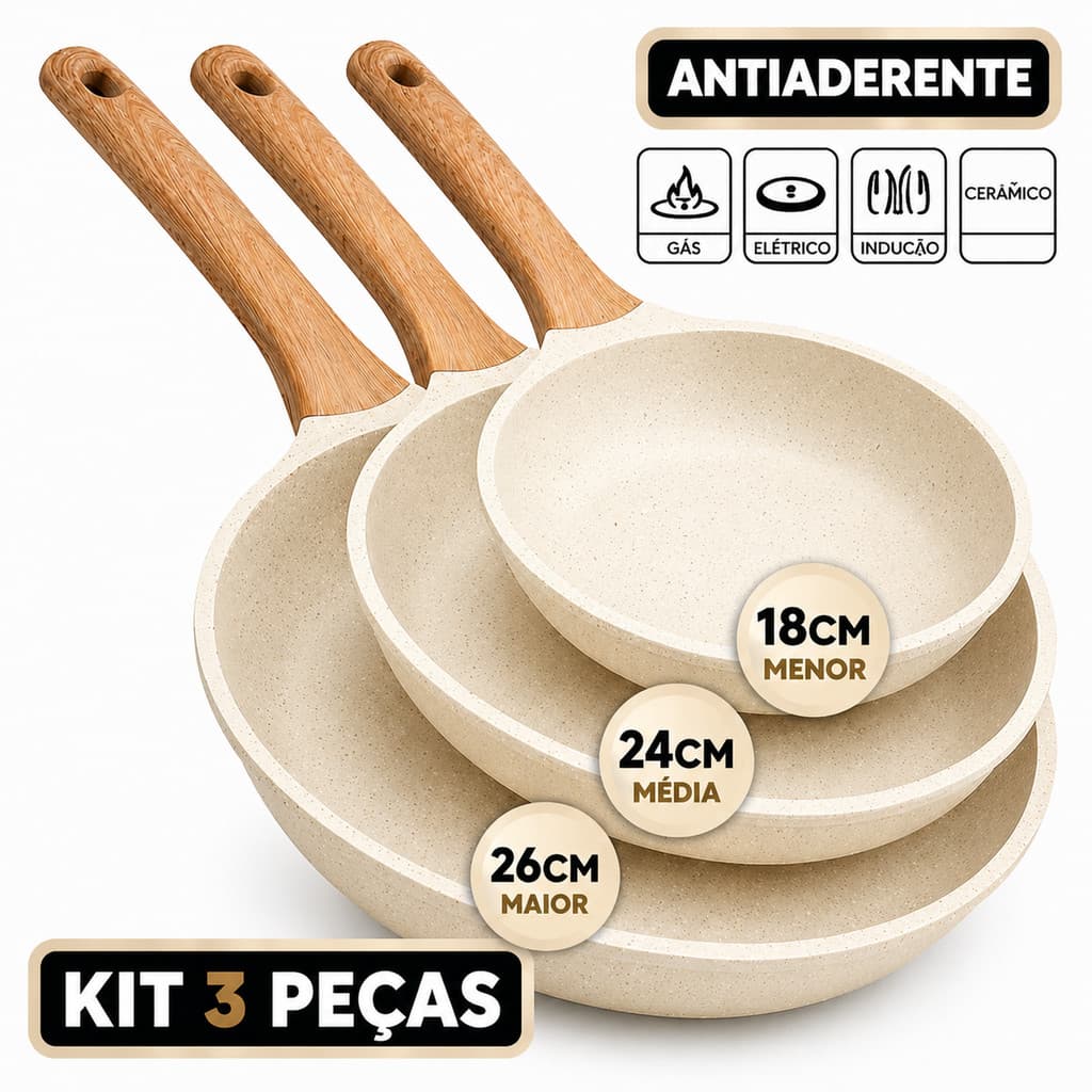 3 Frigideira 26cm e 24 cm e 18cm Creme Antiaderente Indução de Alumínio Revestimento Cerâmico Premium Cabo Madeira