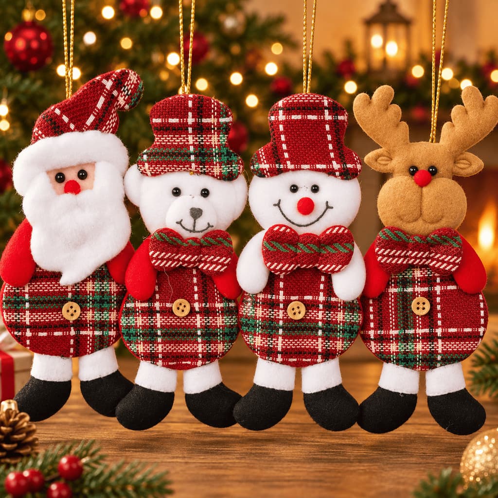 Kit 12 Enfeites Natalinos de Pelúcia 13cm  para Árvore de Natal Papai Noel Alce Urso Boneco de Neve