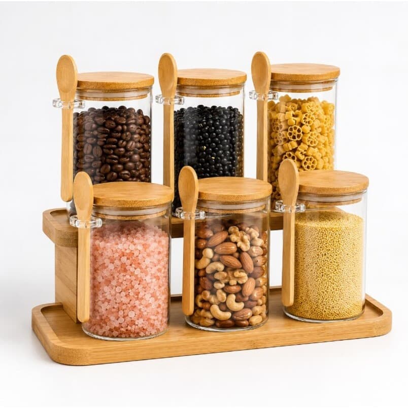 Kit Pote Hermético 250ml Vidro com Colher Tampa Bambu Porta Temperos Condimentos Organizador Cozinha