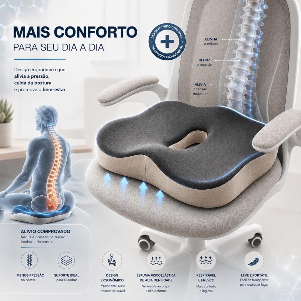 Almofada Anatômica Ortopédica Assento em Gel Protetor de Cóccix com Capa Removível Alívio Dor para Cadeira Escritório