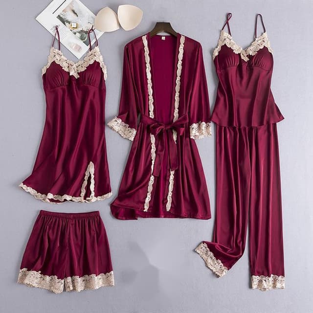 Moda 5 Pcs Conjunto Pijama Mulher Com Peito Renda De Seda Sexy Sleepwear
