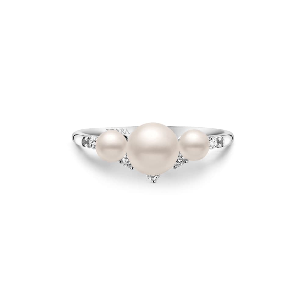 Anel Noivas em Ouro Branco 18k com Pérolas e Diamantes