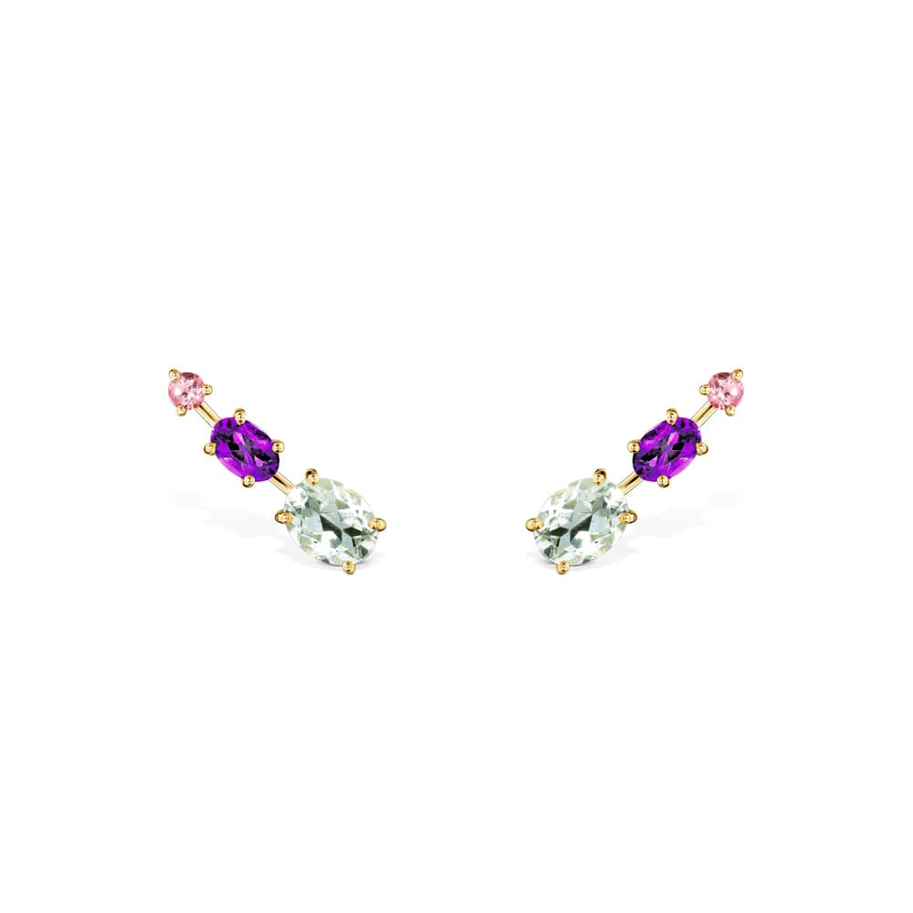 Brinco Ear Cuff Pietre em Ouro Amarelo 18k com Turmalina Rosa, Ametista Verde e Prasiolita