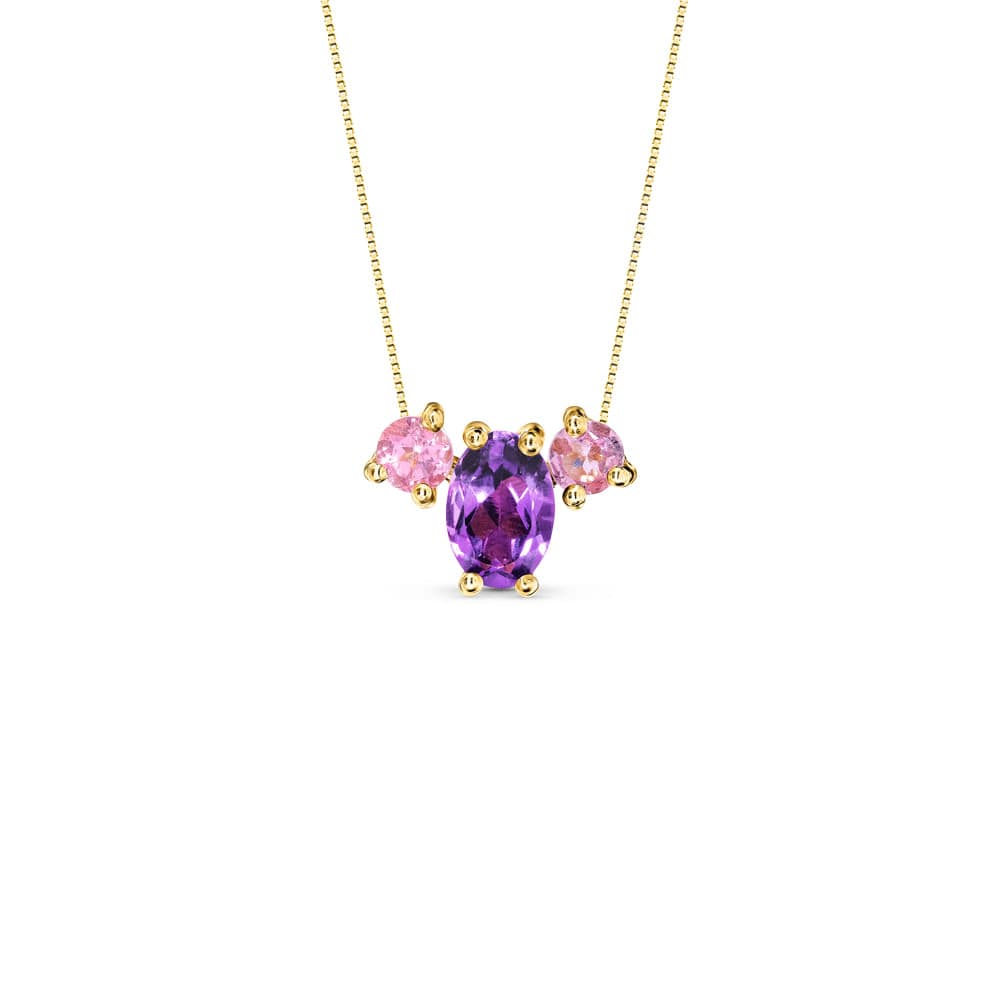 Pingente Pietre em Ouro Amarelo 18k com Turmalinas Rosa e Ametista Roxa, 7.5mm