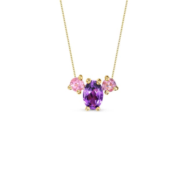 Pingente Pietre em Ouro Amarelo 18k com Turmalinas Rosa e Ametista Roxa, 7.5mm
