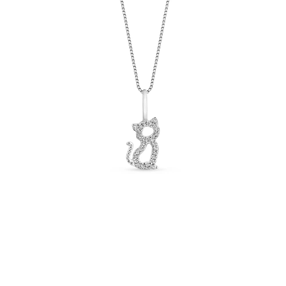 Pingente Gato em Ouro Branco 18k com Diamantes, 13mm