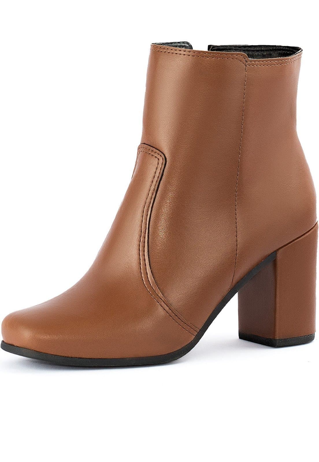 Bota Feminina Bico Quadrado Lumiss Salto Alto Grosso Coturno Cano Médio Confortável Zíper Caramelo