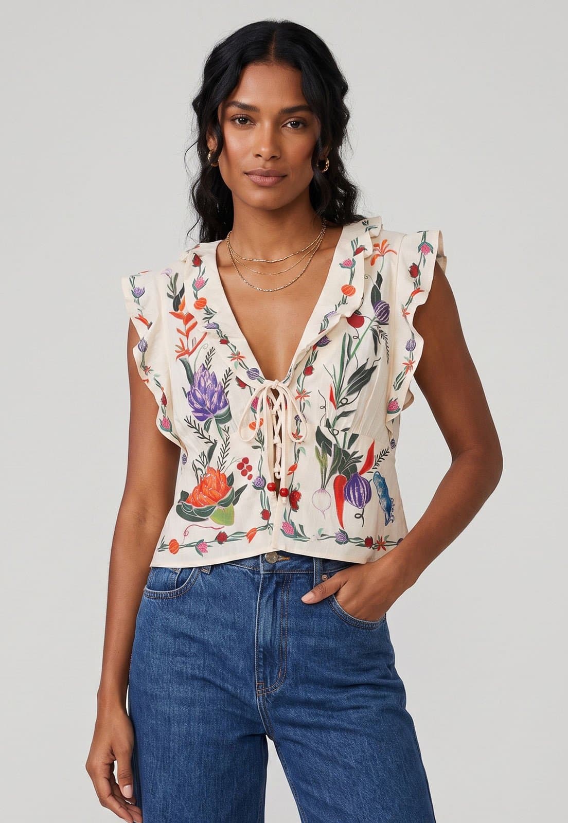 Blusa Feminina FARM Cropped Babados Estampada Off-white