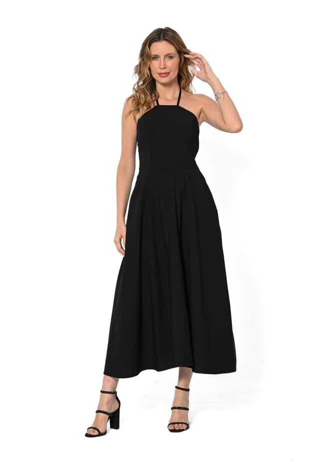 Vestido Bisô Midi Lastex Liso Preto - Preto