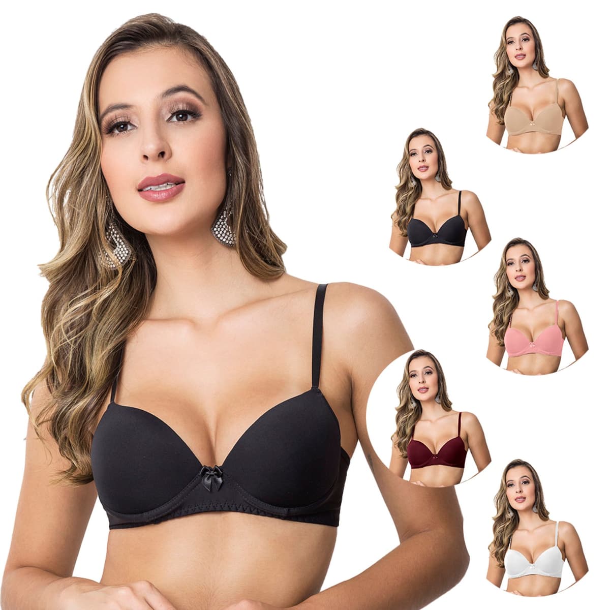 Kit 5 Sutiãs Tetê Variedades Microfibra Com Bojo Alças Reguláveis Moda Feminina Multicolorido