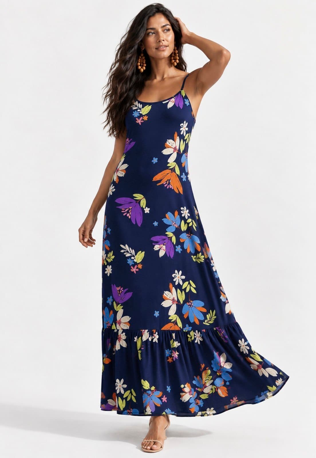 Vestido CabanaFree Longo Kuaana Viscose Estampa Festa das Flores Azul