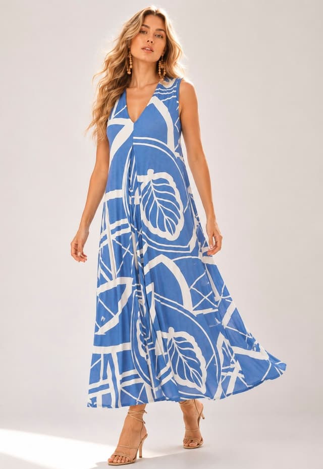 Vestido CabanaFree Longo Acará Malha Estampa Lagoa Botânica