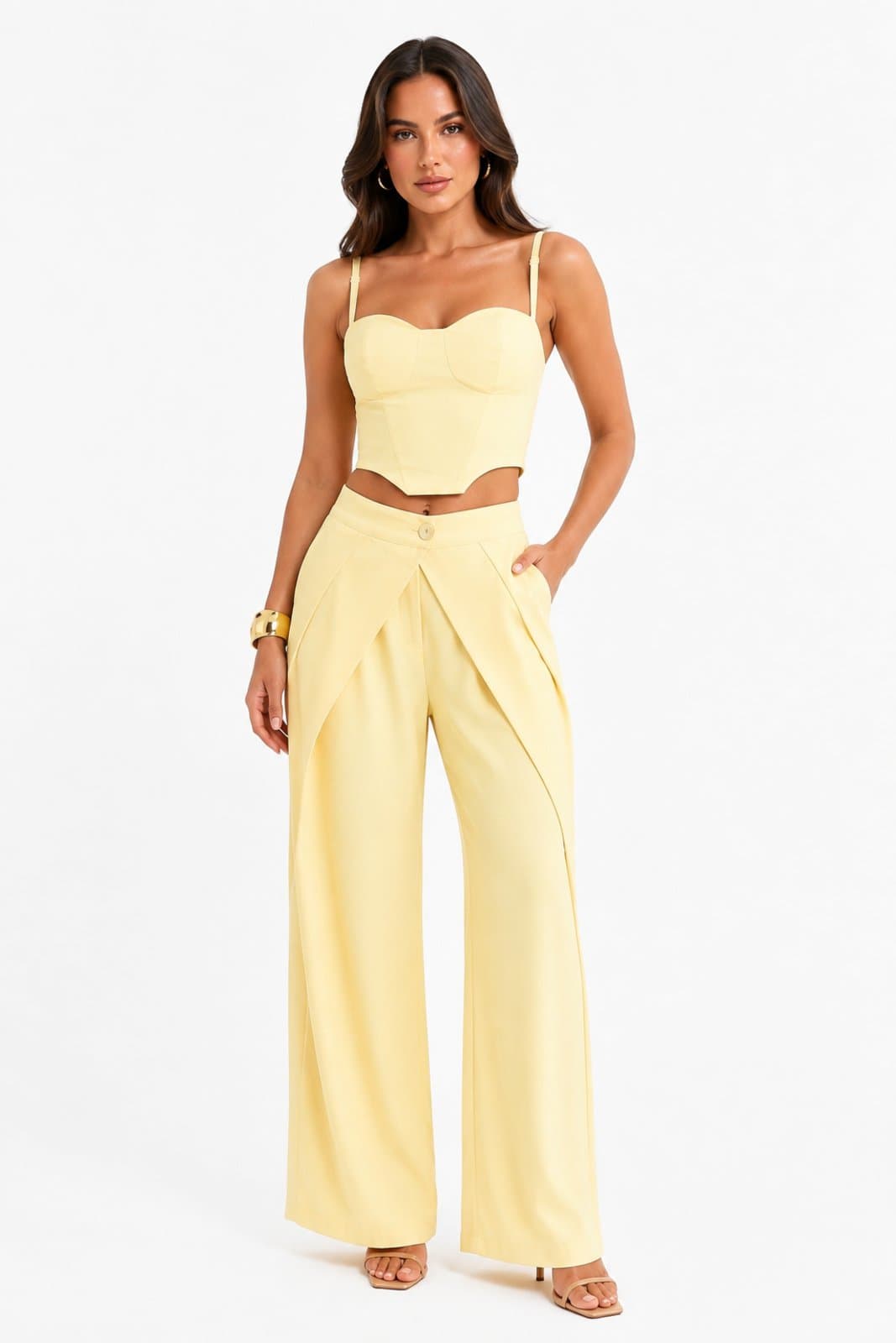 Conjunto Feminino D Bell Outlet Fashion Top Corset Pantalona Overlap Marrant Amarelo Manteiga