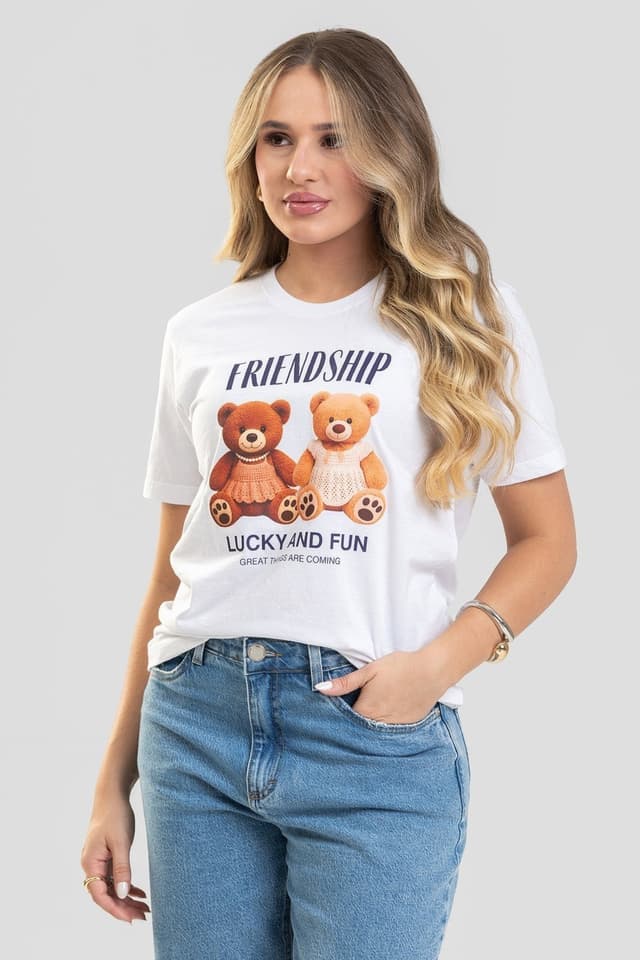 Camiseta Feminina Cianitas Branca Estampa Urso Friendship