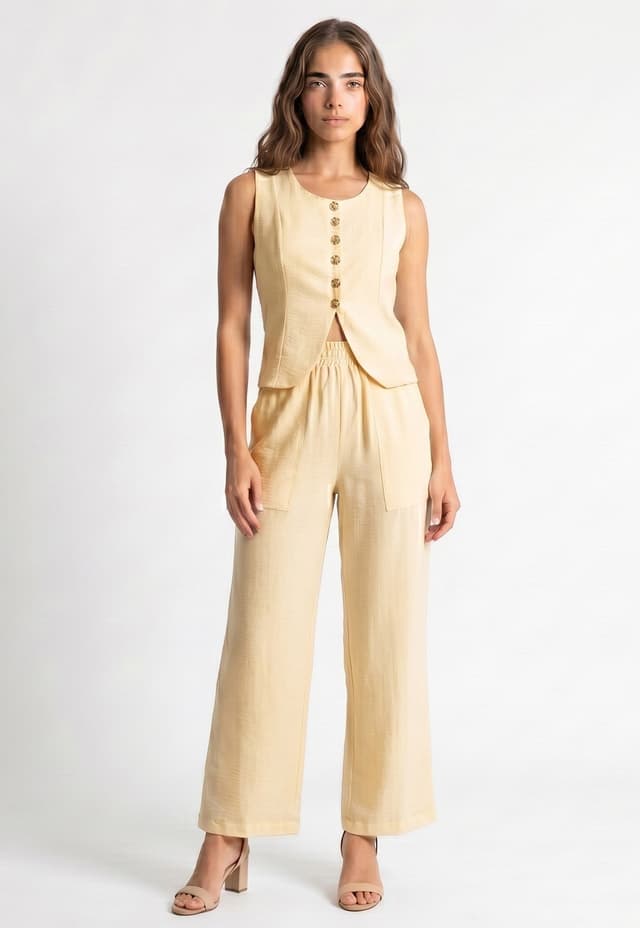 Conjunto Bisô Blusa Botões e Calça Pantalona Creme - Creme