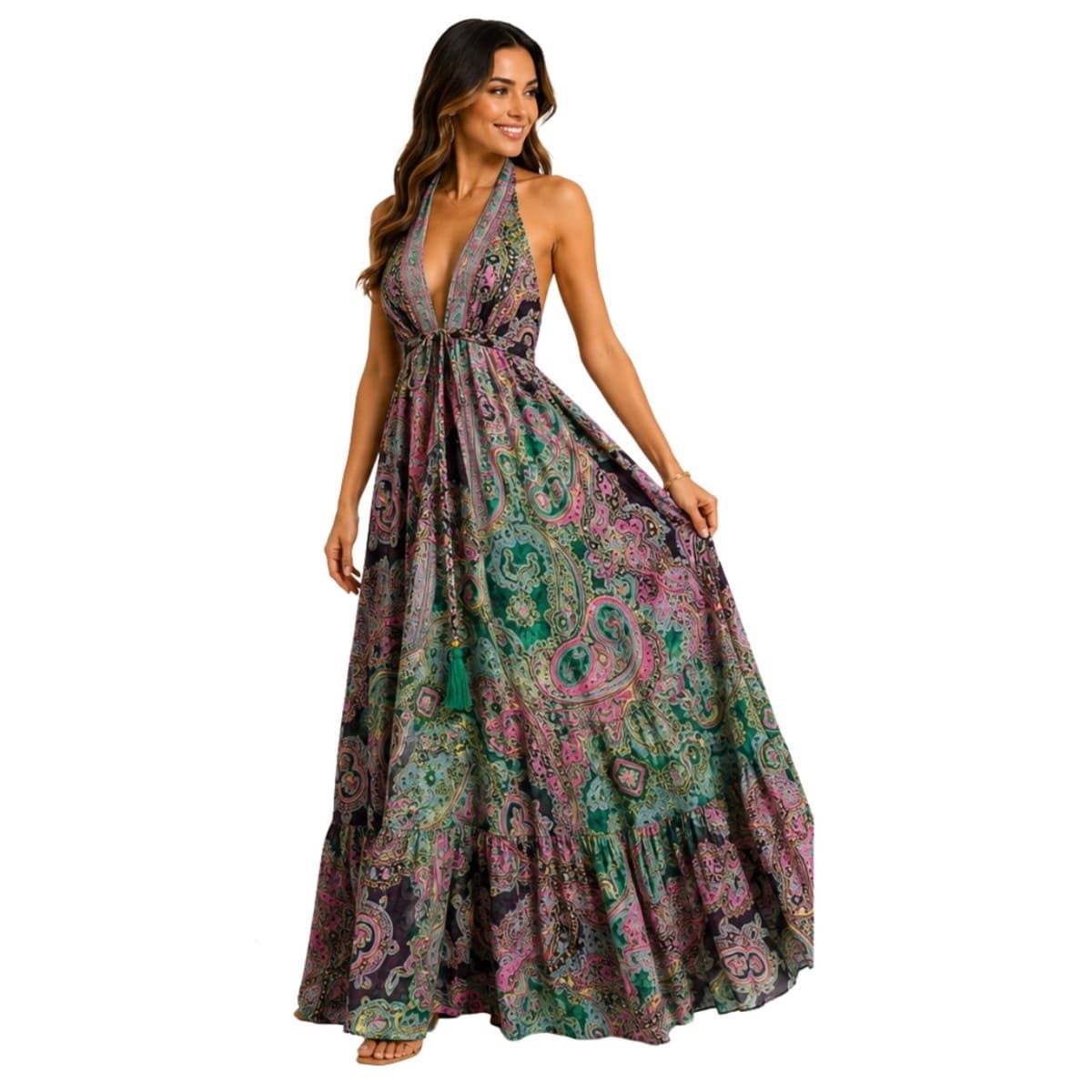 Vestido Longo Frente Única Estampado Boho Costas Abertas Feminino Rosa