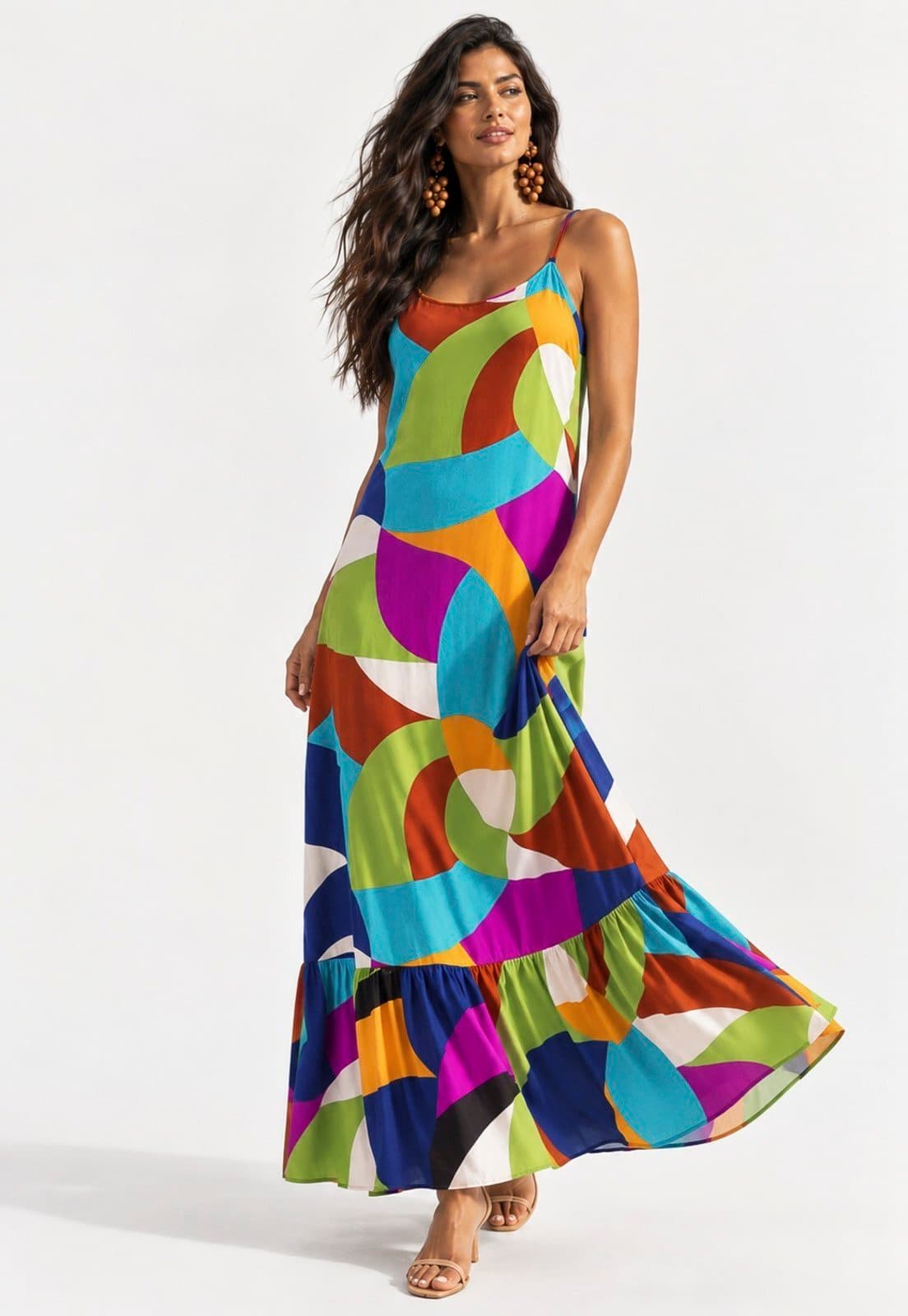 Vestido CabanaFree Longo Kuaana Viscose Estampa Jardim Azul
